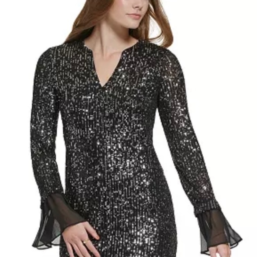 Sequined Chiffon-Trim Sheath holiday Dress